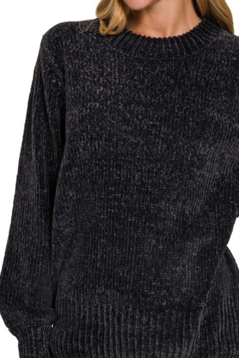 ZENANA Round Neck Balloon Sleeve Chenille Sweater on Simply Obsessed