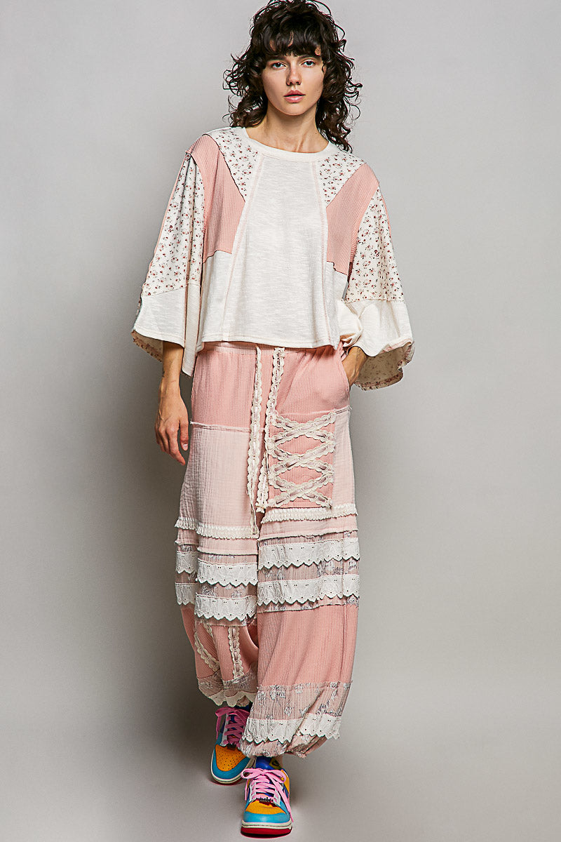 POL Exposed Seam Floral Patchwork Round Neck Textured Slub Knit Top on Simply Obsessed