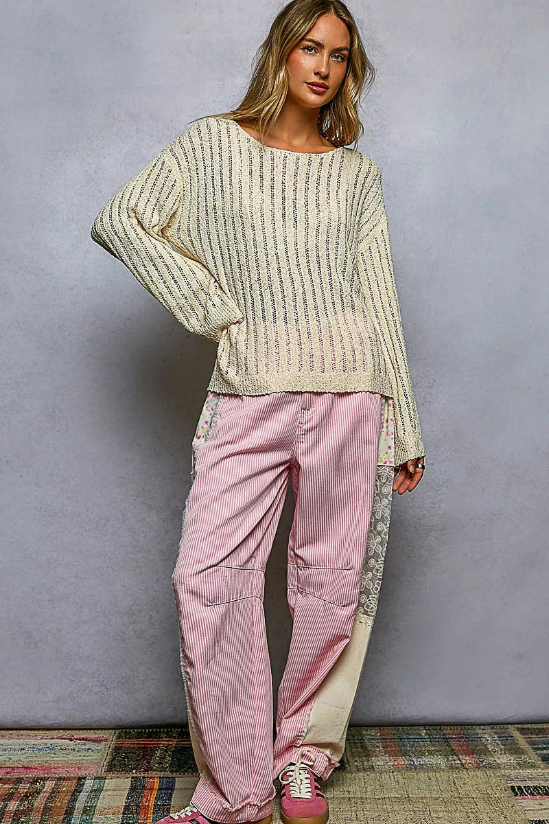 POL Round Neck Long Sleeve Open Weave Sweater on Simply Obsessed