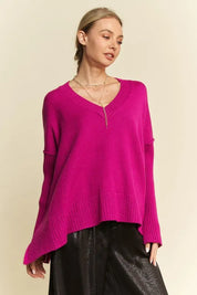 DAVI & DANI Ribbed Side Slit V-Neck Sweater on Simply Obsessed