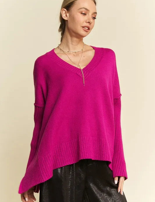 DAVI & DANI Ribbed Side Slit V-Neck Sweater on Simply Obsessed