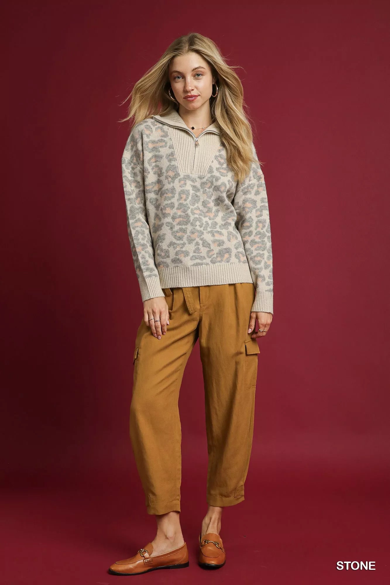 Umgee Leopard Print Quarter-Zip Knit Sweater on Simply Obsessed