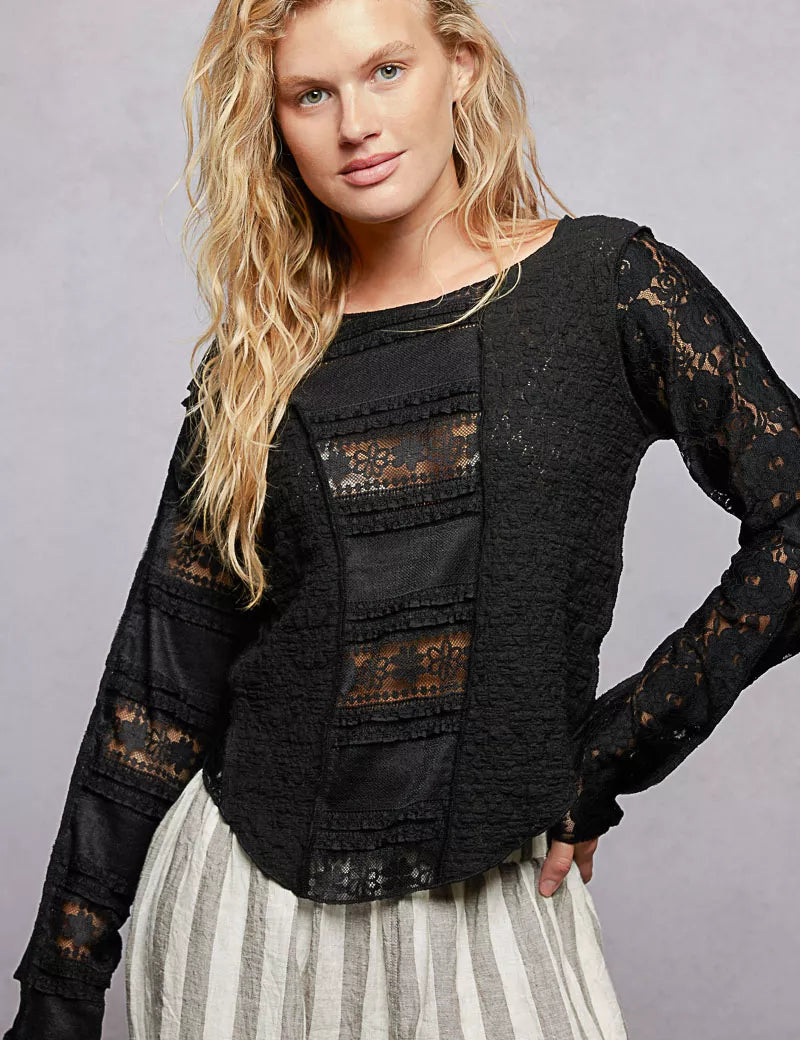 POL Round Neck Long Sleeve Exposed Seam Top with Lace Detail on Simply Obsessed