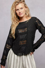 POL Round Neck Long Sleeve Exposed Seam Top with Lace Detail on Simply Obsessed