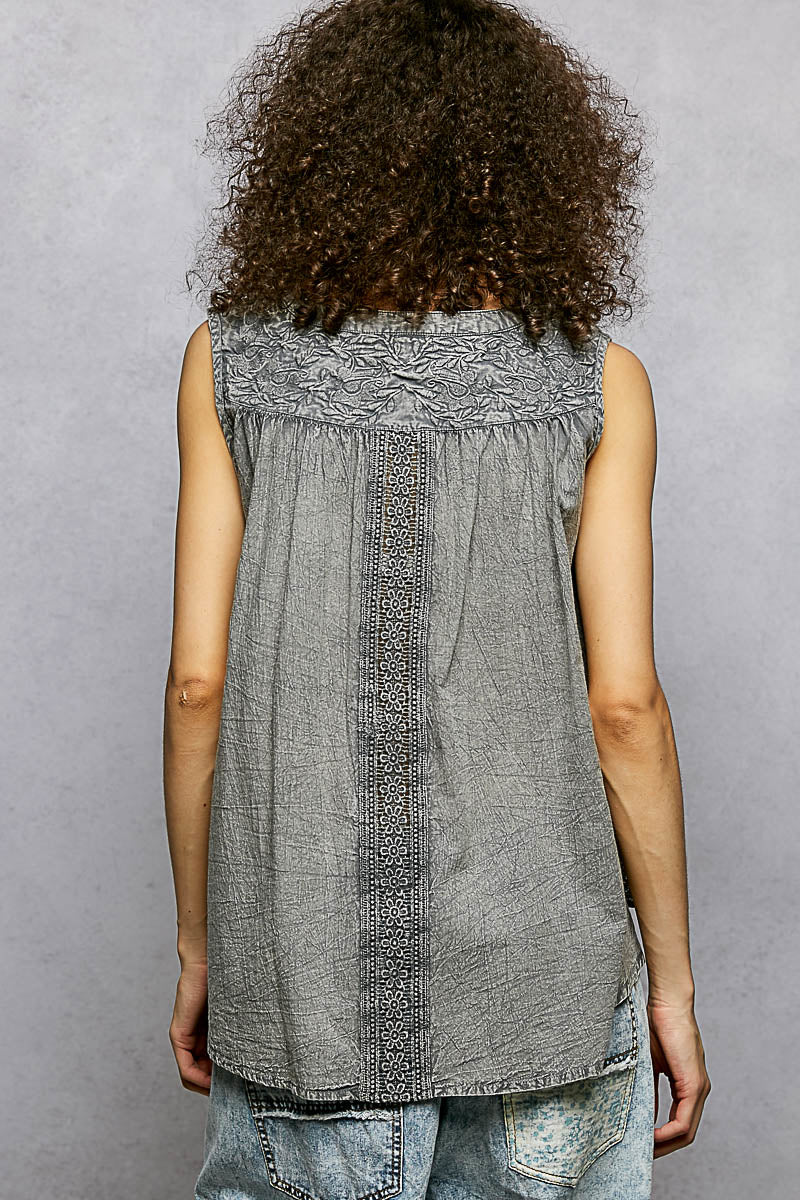 POL Button Down Round Neck Tank with Crochet Contrast on Simply Obsessed