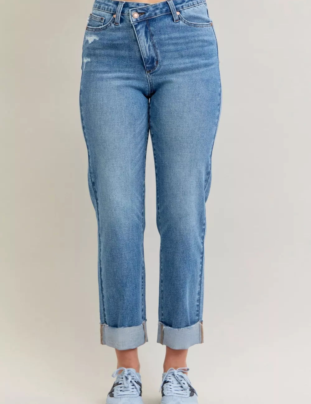 Judy Blue High Waist Bf Criss-cross Mild Destroy Jeans with Single Cuff on Simply Obsessed