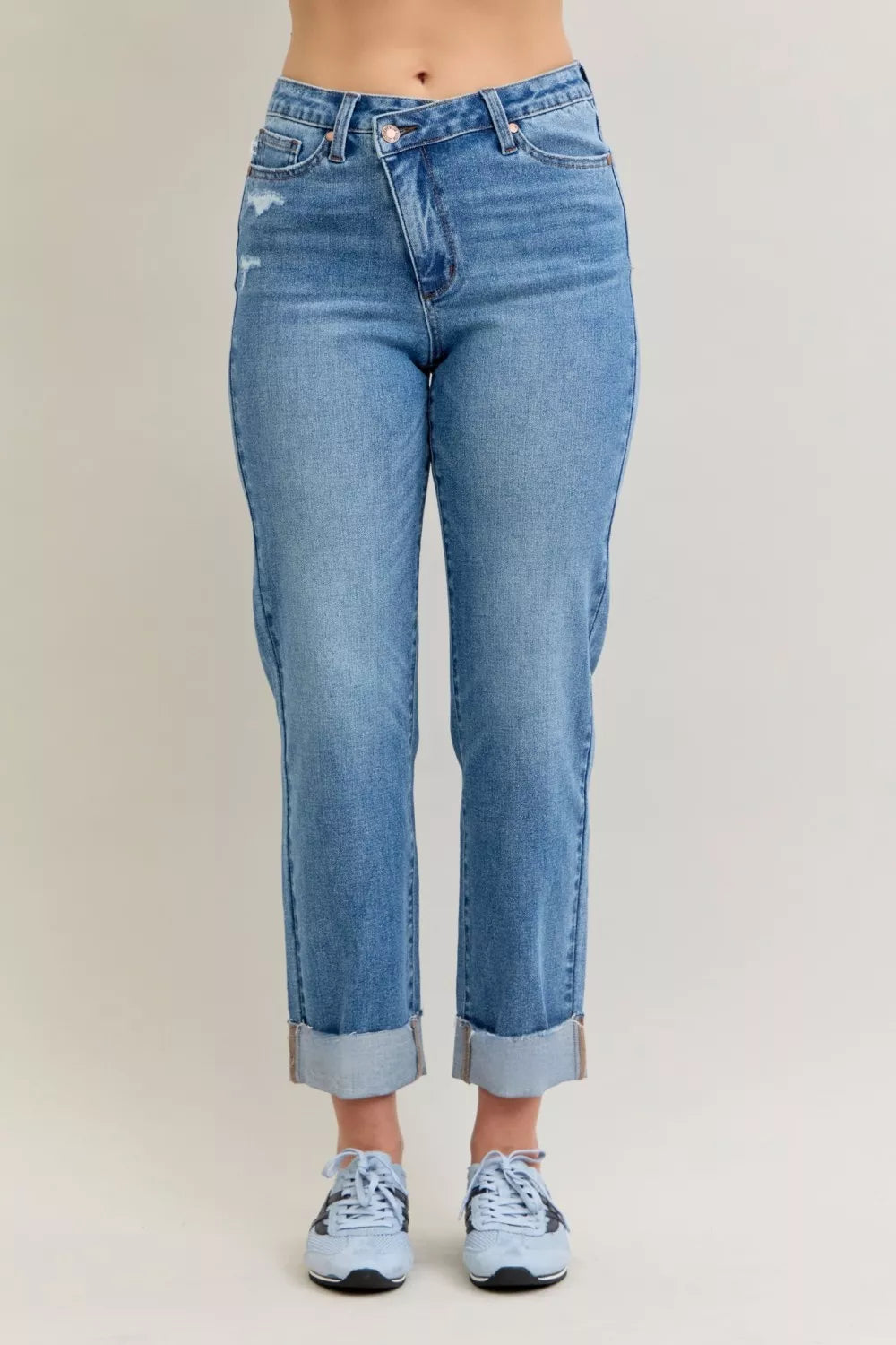 Judy Blue High Waist Bf Criss-cross Mild Destroy Jeans with Single Cuff on Simply Obsessed