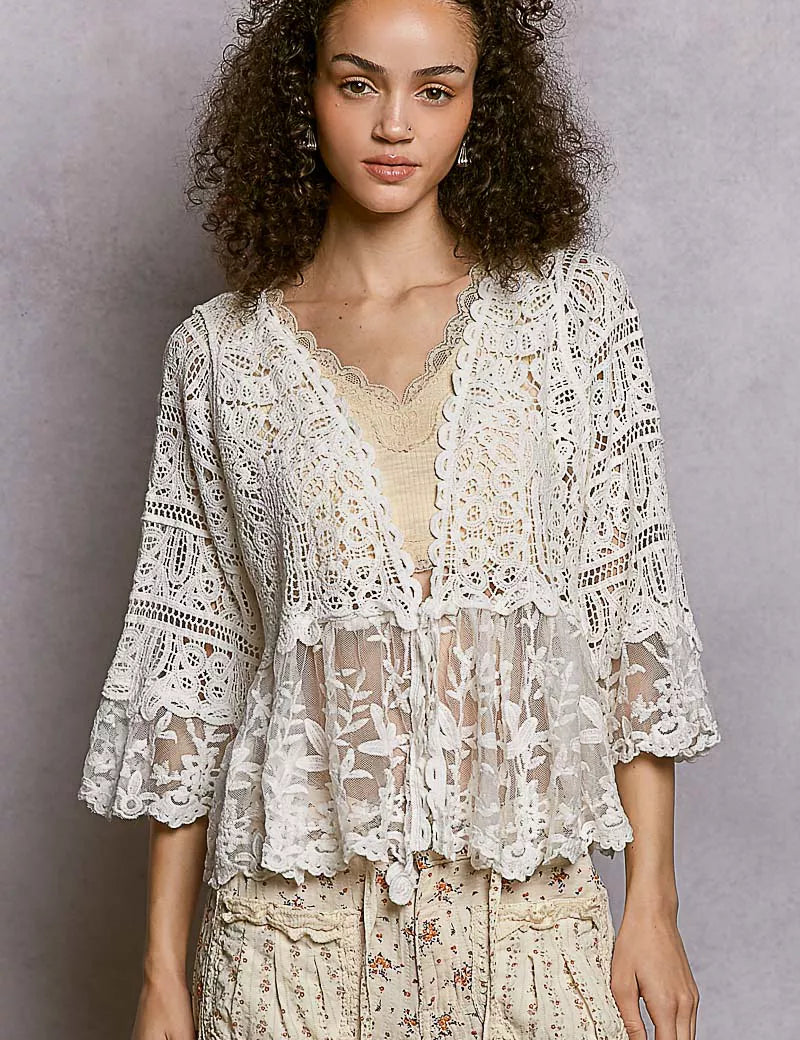 POL Floral Lace Short Sleeve Crochet Cardigan with Tassel Tie on Simply Obsessed