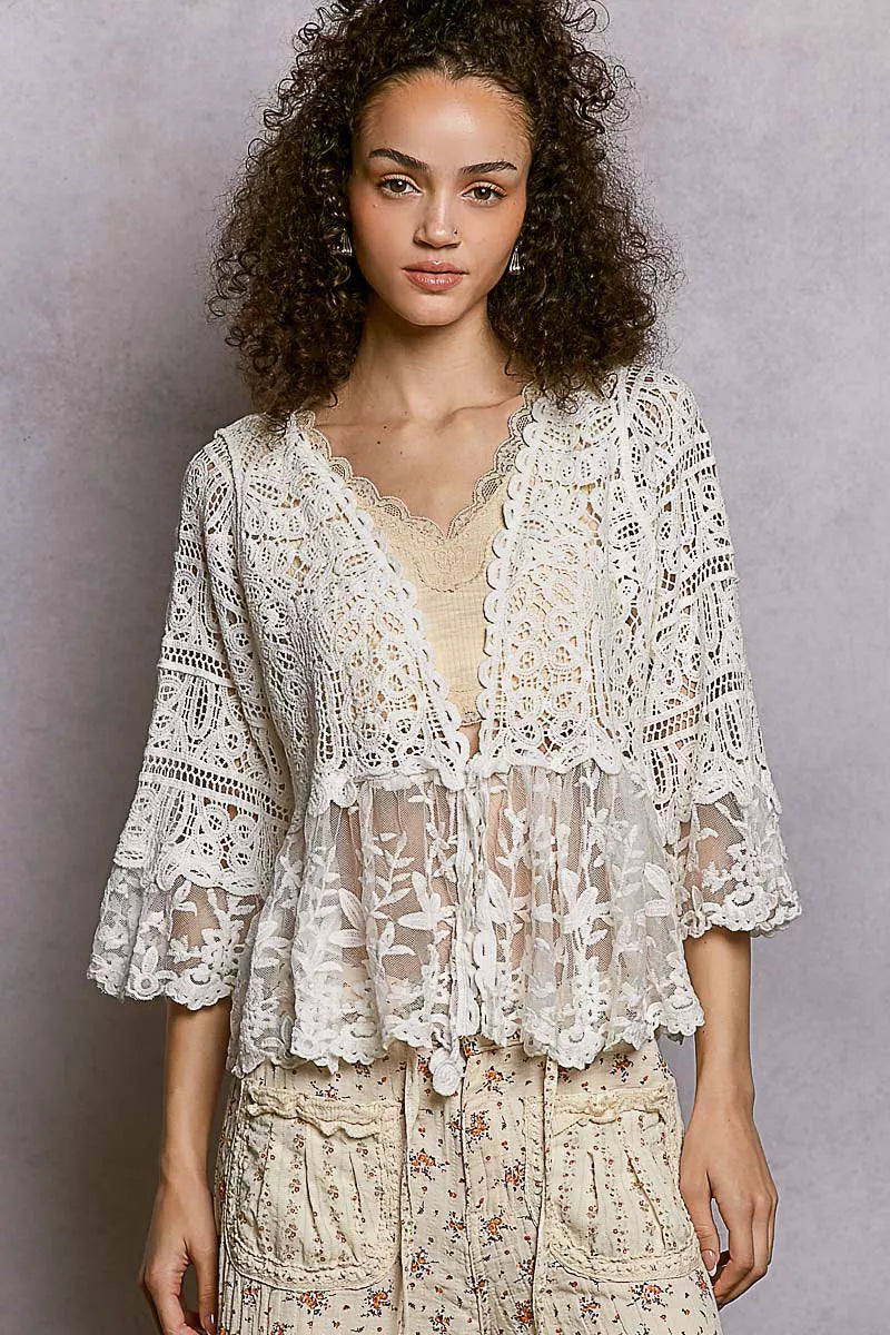 POL Floral Lace Short Sleeve Crochet Cardigan with Tassel Tie on Simply Obsessed