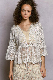 POL Floral Lace Short Sleeve Crochet Cardigan with Tassel Tie on Simply Obsessed