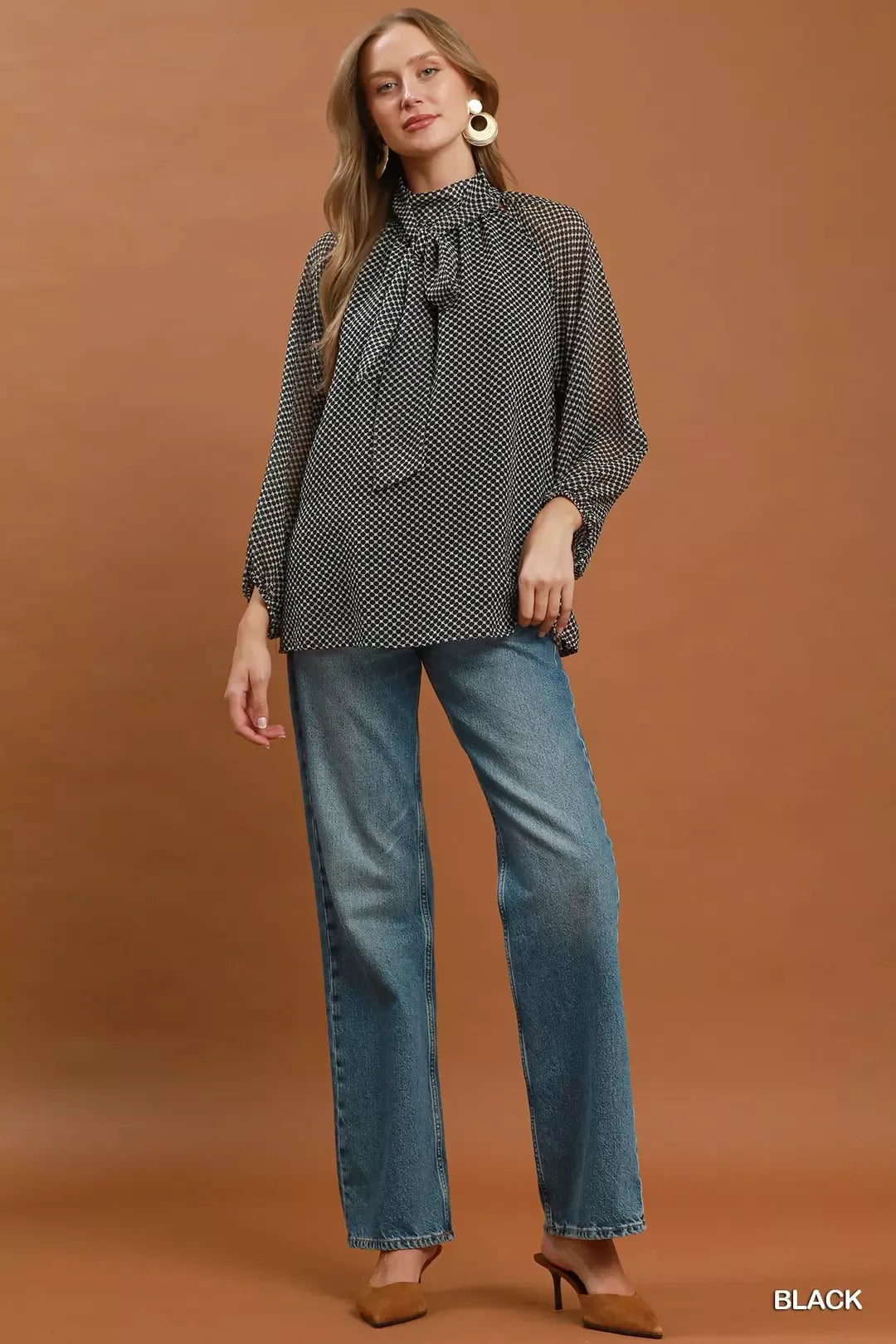 UMGEE Dot Print Tie Neck Long Sleeve Blouse on Simply Obsessed