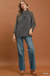 UMGEE Dot Print Tie Neck Long Sleeve Blouse on Simply Obsessed
