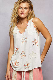 POL Floral Print Star Patch V-Neck Ribbed Tank on Simply Obsessed