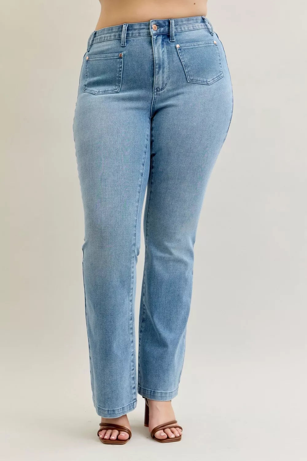 Judy Blue Full Size Mid Rise Bootcut Jeans with Contrast Wash & Front Patch Pockets Plus Size on Simply Obsessed