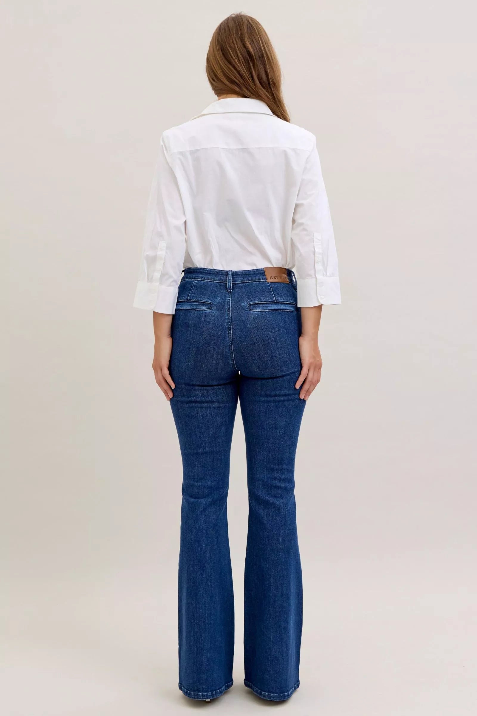 Judy Blue High Waist Flare Jeans with Front Patch Pockets on Simply Obsessed