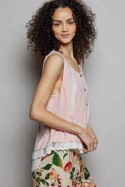 POL Lace Trim Ruffle Hem Button Detail Round Neck Sleeveless Top on Simply Obsessed
