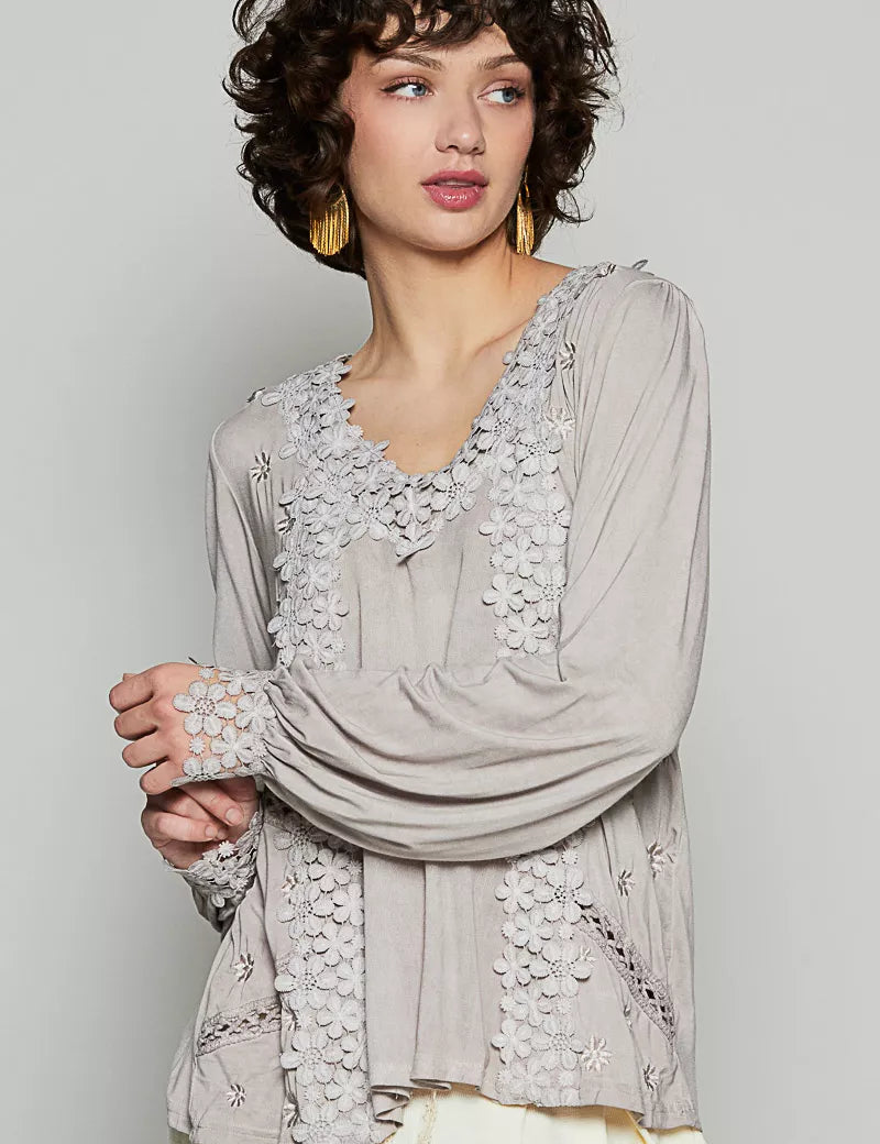 POL Floral Embroidery Woven Top with Lace Trim on Simply Obsessed