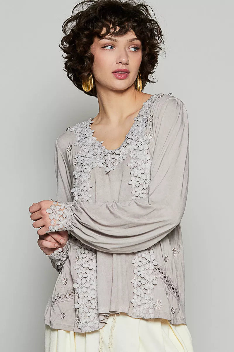 POL Floral Embroidery Woven Top with Lace Trim on Simply Obsessed