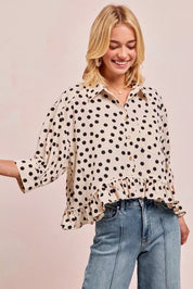 BIBI Polka Dot Printed Peplum Top with Front Button on Simply Obsessed