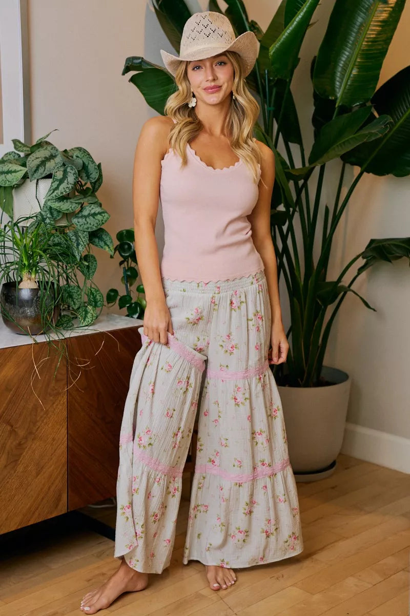 BIBI Rose Printed Gauze Trim Detail Smocked Maxi Pants on Simply Obsessed