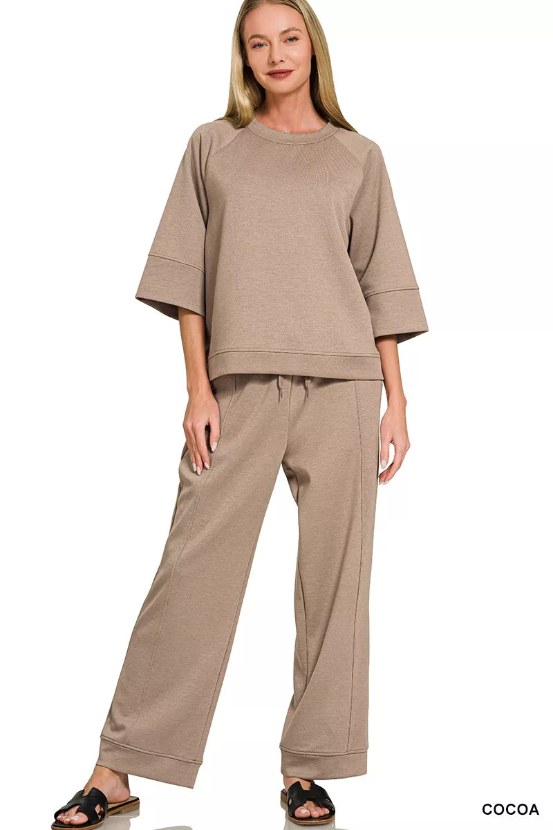 ZENANA Scuba 3/4 Sleeve Pullover & Pants Set on Simply Obsessed