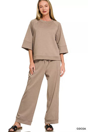 ZENANA Scuba 3/4 Sleeve Pullover & Pants Set on Simply Obsessed