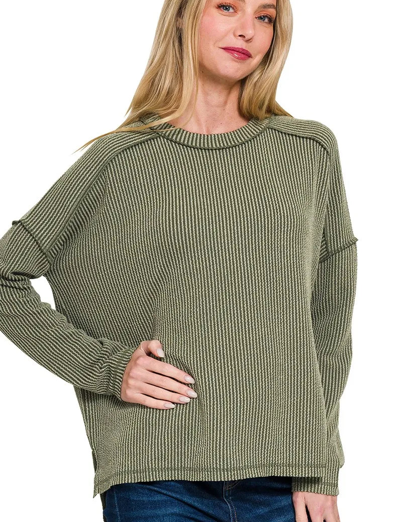 ZENANA Full Size Exposed Seam Long Sleeve Corded Rib Knit Top Plus Size on Simply Obsessed