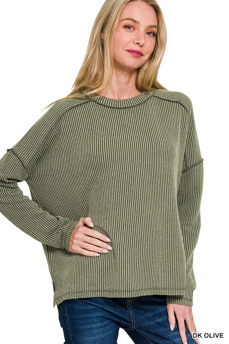 ZENANA Full Size Exposed Seam Long Sleeve Corded Rib Knit Top Plus Size on Simply Obsessed