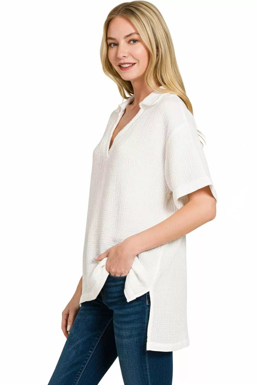 Zenana Double Gauze Short Sleeve High-Low Top on Simply Obsessed