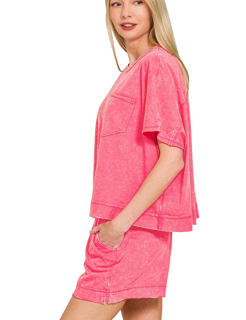 ZENANA Acid Washed Oversized Top & Shorts Set on Simply Obsessed