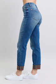 JUDY BLUE Full Size Plaid Print Cuff Straight Leg Jeans with Pockets *BF DEAL* on Simply Obsessed