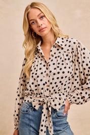 BIBI Polka Dot Print Tie Hem Detail Crop Shirt on Simply Obsessed