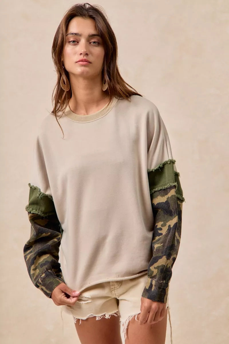 BiBi Camo Sleeve French Terry Top with Frayed Edge on Simply Obsessed