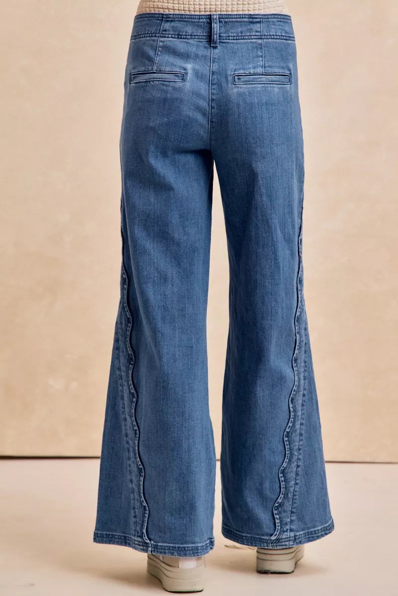 BIBI Wavy Side Edge Detail Lined Wide Leg Jeans on Simply Obsessed