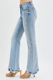 RISEN Full Size Tummy Control Mid Rise Flare Jeans with Fray Hem Detailed Plus Size on Simply Obsessed