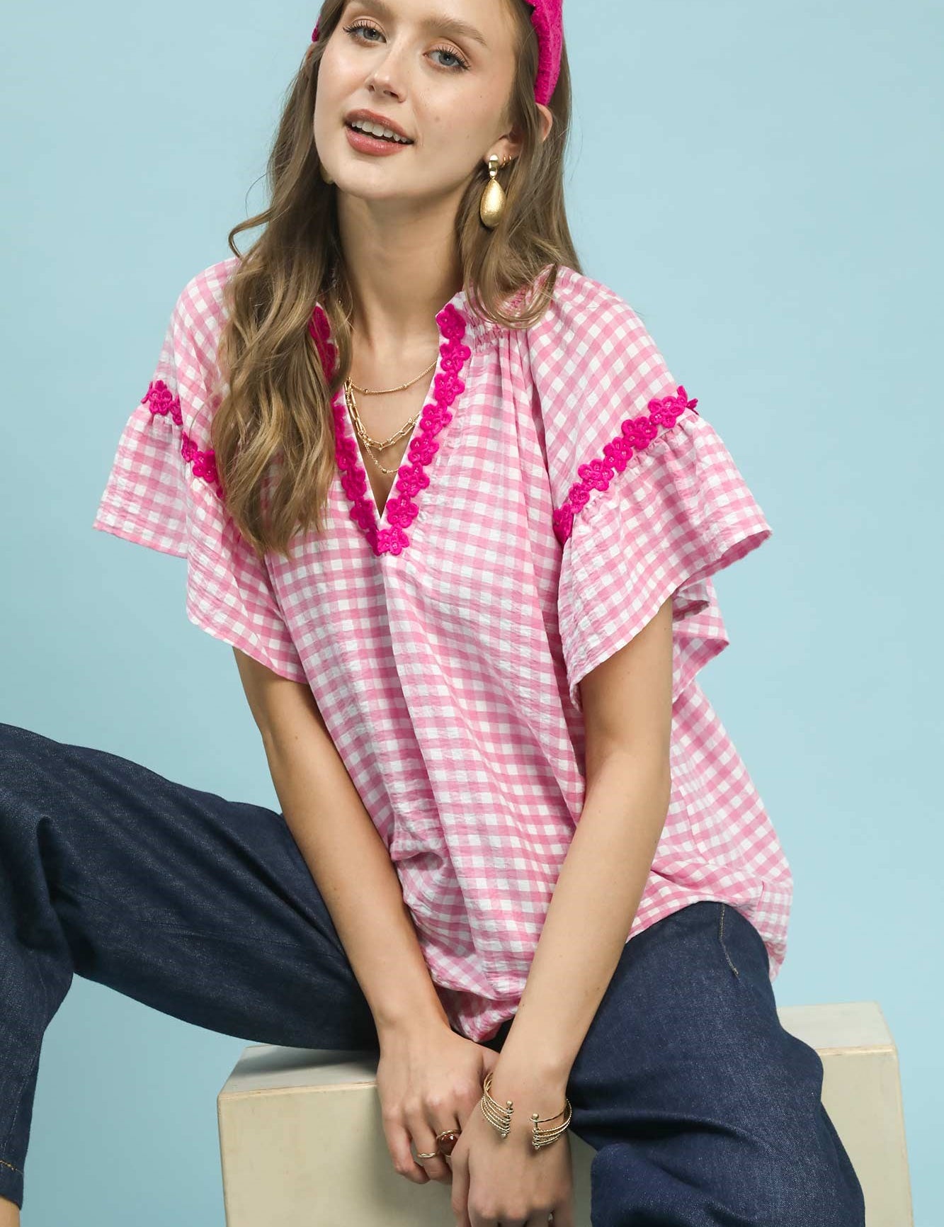 UMGEE Gingham Lace Trim Top on Simply Obsessed