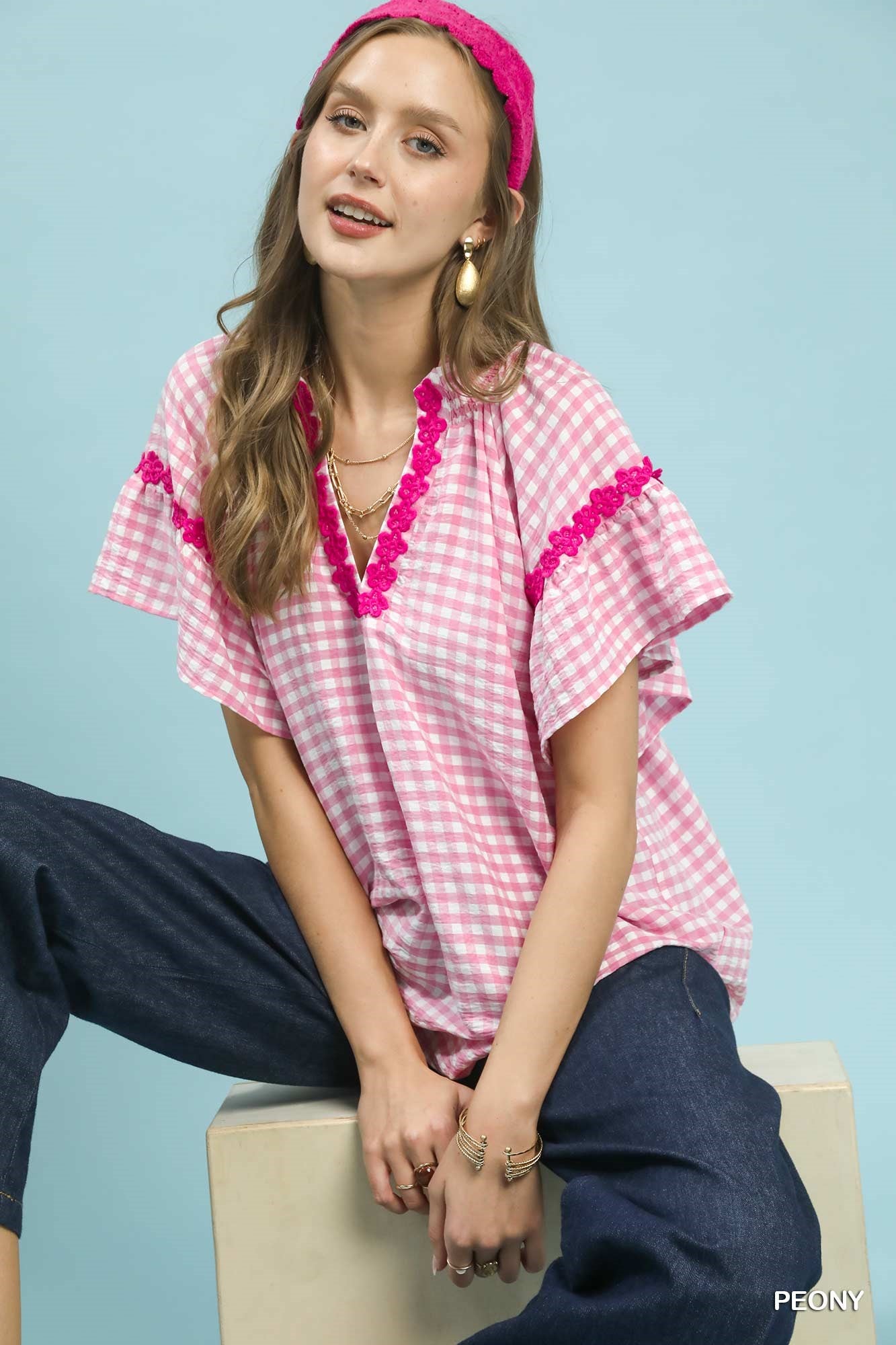 UMGEE Gingham Lace Trim Top on Simply Obsessed