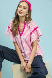 UMGEE Gingham Lace Trim Top on Simply Obsessed