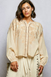 POL Embroidery Button Down Long Sleeve Washed Shirt on Simply Obsessed