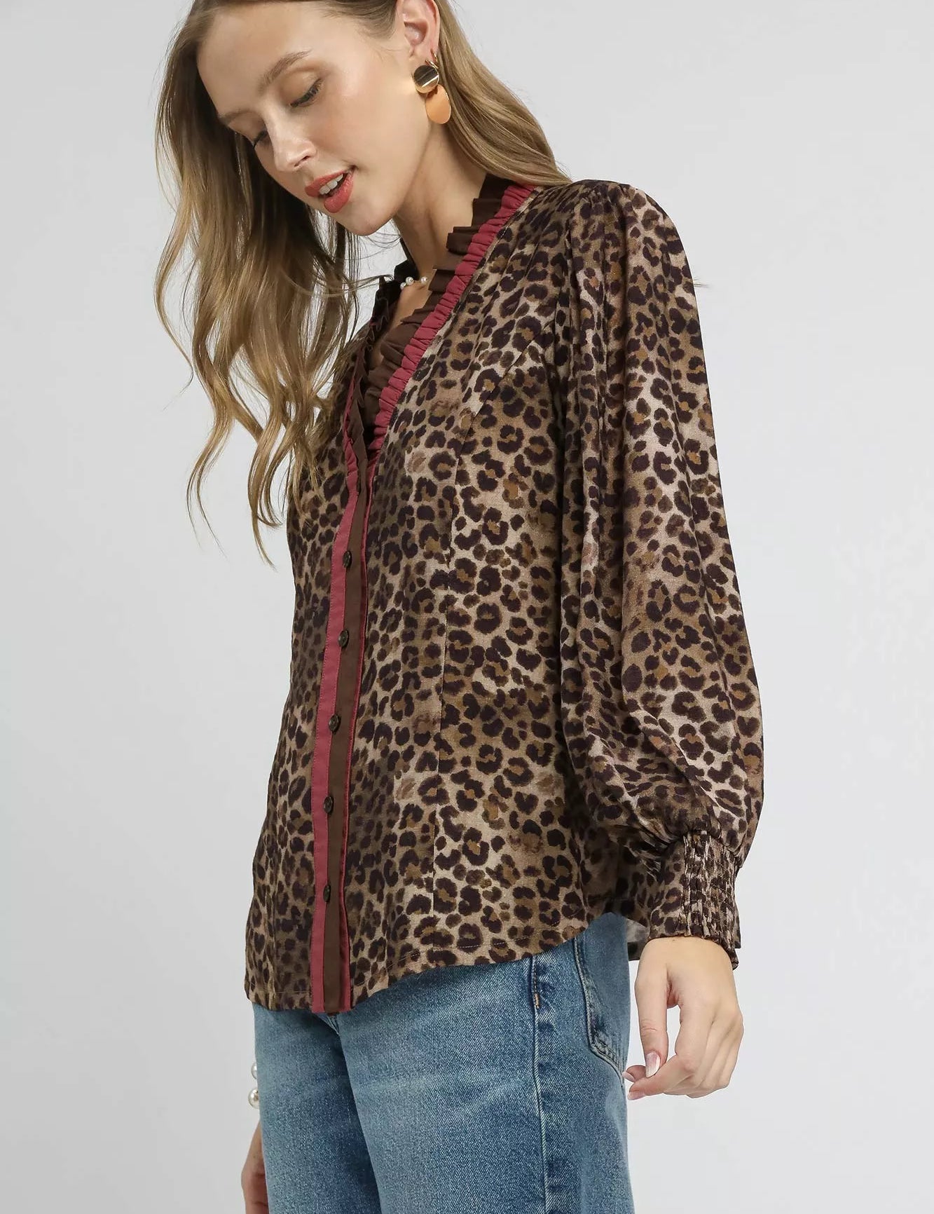 UMGEE Ruffle Trim Leopard Print Shirt on Simply Obsessed