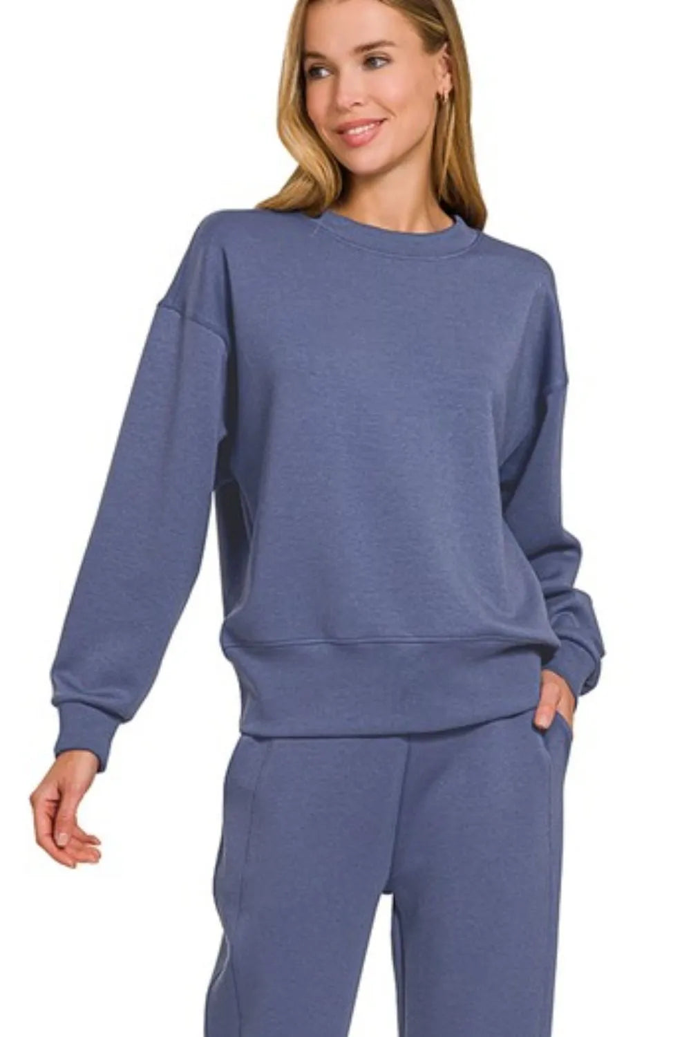 ZENANA Scuba Crewneck Pullover & Joggers 2 Pieces Set on Simply Obsessed