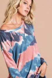 BiBi Tie Dye French Terry Pull Over with Front Stitching Detail on Simply Obsessed