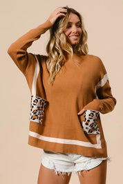 BiBi Mock Neck Sweater with Leopard Pocket on Simply Obsessed