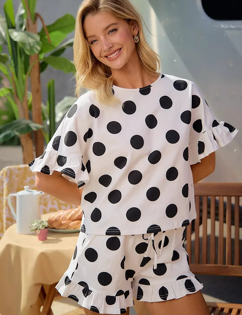BIBI Polka Dots Printed Ruffled Detail Top And Shorts Set **DOORBUSTER** on Simply Obsessed