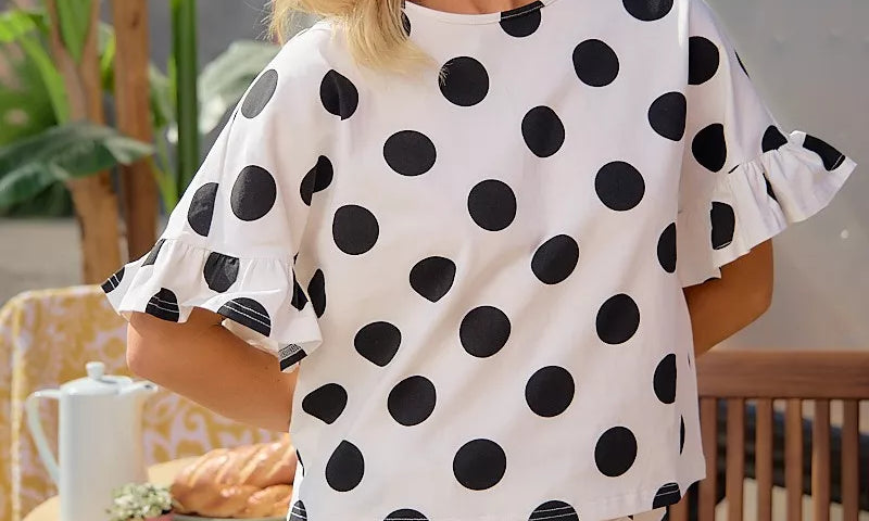 BIBI Polka Dots Printed Ruffled Detail Top And Shorts Set **DOORBUSTER** on Simply Obsessed