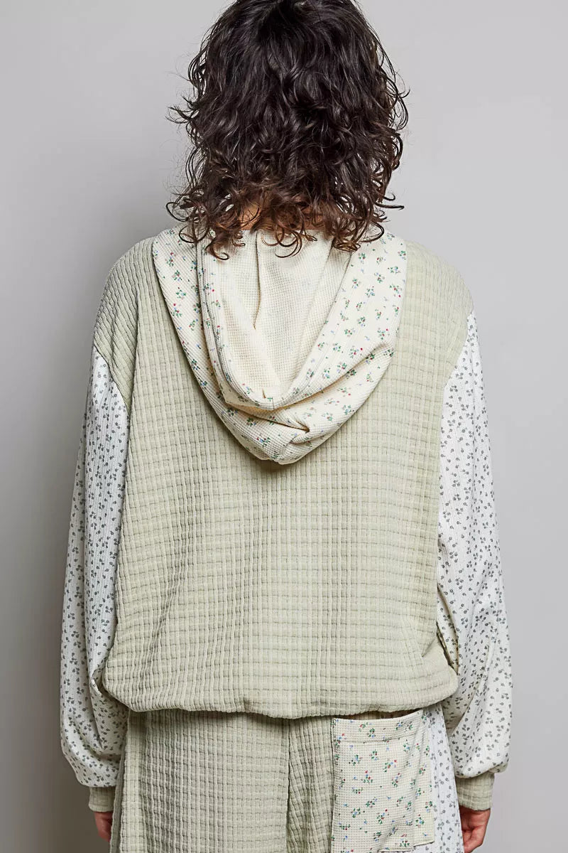 POL Mixed Knit Contrast Print Sleeve Hoodie with Kangaroo Pocket on Simply Obsessed