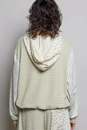 POL Mixed Knit Contrast Print Sleeve Hoodie with Kangaroo Pocket on Simply Obsessed
