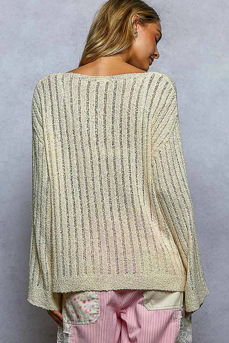 POL Round Neck Long Sleeve Open Weave Sweater on Simply Obsessed