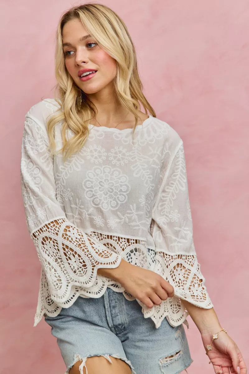 SO ME Floral Embroidered Crochet Lace Trimmed Top **DOORBUSTER** on Simply Obsessed