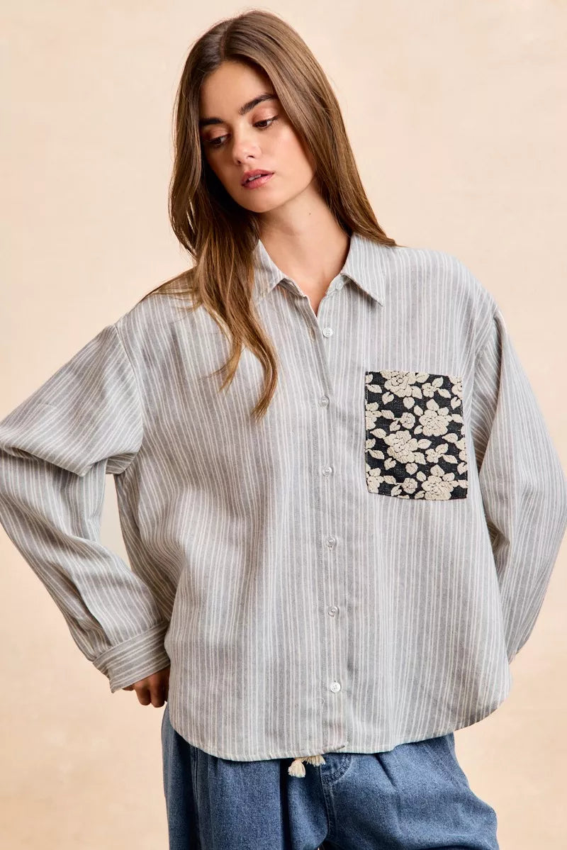 BiBi Flower Jacquard Knit Patch Pocket Stripe Shirt on Simply Obsessed